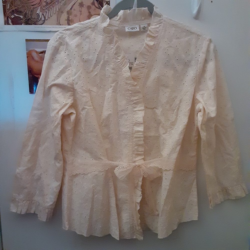 New Cato M Cream Ruffle Crochet Floral Flower Lace Tie Waist Wrap Top Cotton